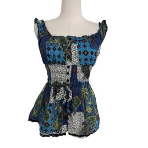 Patchwork Smocked Peasant Tank Top by Fire LA Size M Bohemian Hippie Festival